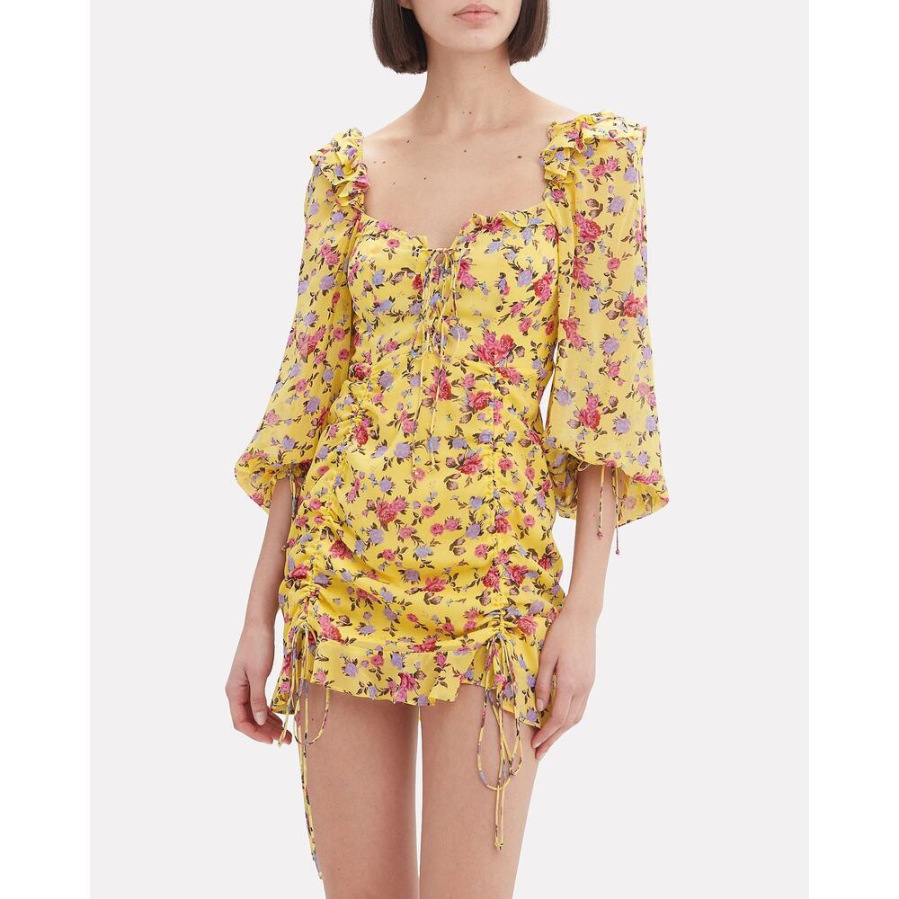 For Love &‎ Lemons Beaumont Yellow Floral Silk Ruched Tie Mini Dress Size Medium